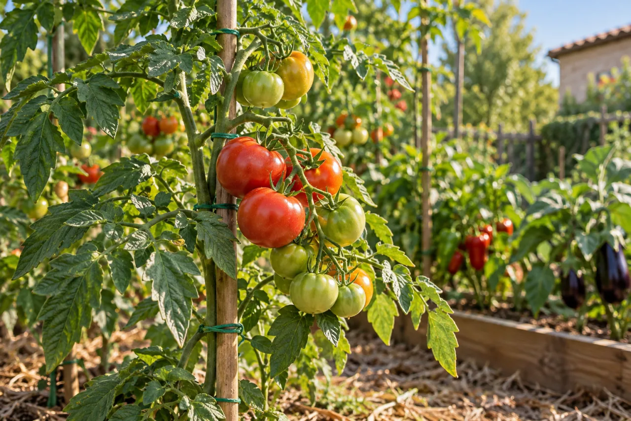 Never Plant Tomatoes, Peppers, and Eggplants Without This: The Secret to Healthy and Productive Plants 4 Healthy staked tomato plant with realistic ripening red and green tomatoes in a sunny garden