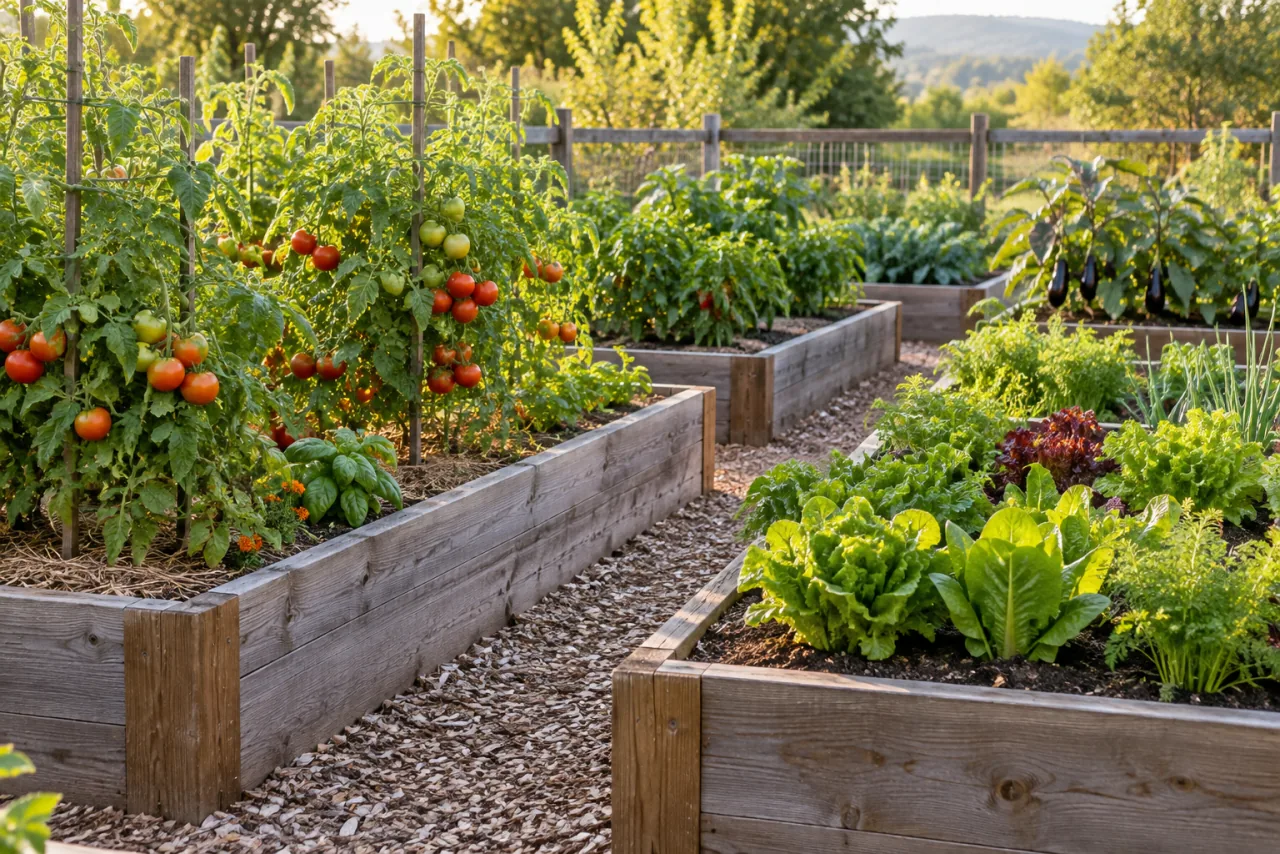Never Plant Tomatoes, Peppers, and Eggplants Without This: The Secret to Healthy and Productive Plants 5 Vegetable garden with orderly separate raised beds for crop rotation, tomato plants in one bed and leafy greens in another