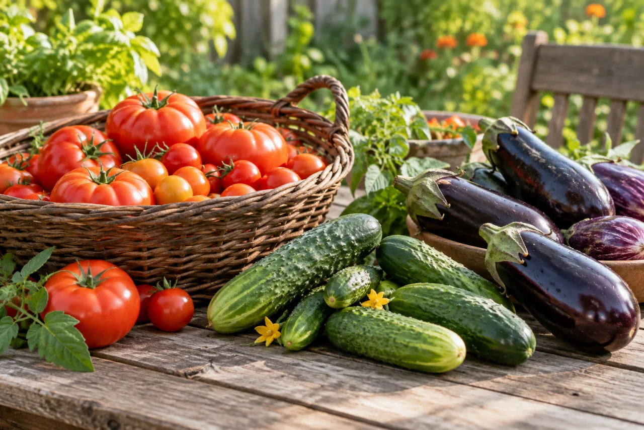 Never Plant Tomatoes, Peppers, and Eggplants Without This: The Secret to Healthy and Productive Plants 6 Freshly harvested ripe tomatoes, cucumbers and eggplants arranged on a rustic outdoor table