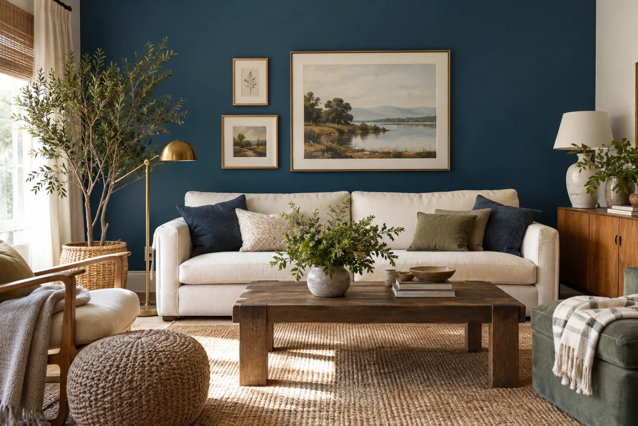 29 Living Room Wall Decor Ideas That Make a Statement 1 Living room with a rich muted blue painted accent wall behind a cream sofa