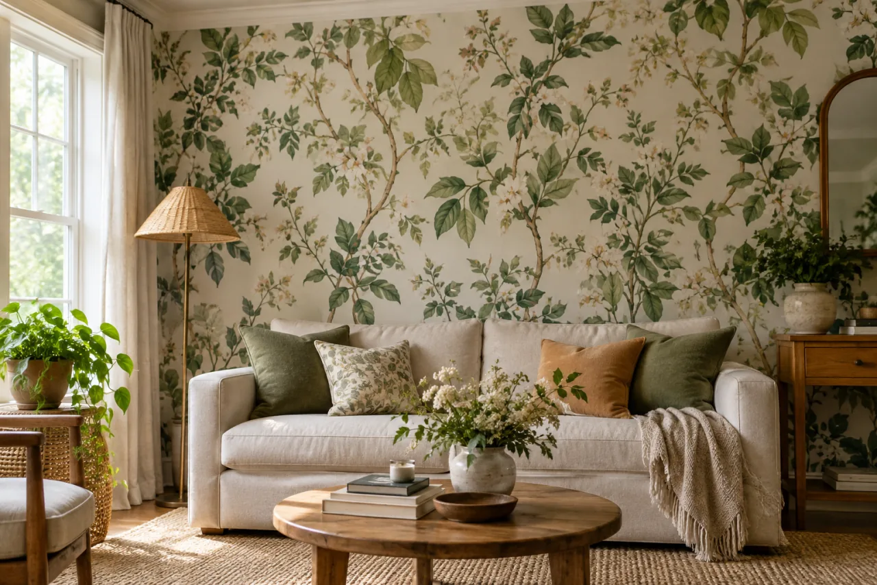 29 Living Room Wall Decor Ideas That Make a Statement 2 Living room wall covered in a tasteful botanical wallpaper, simple sofa and natural daylight