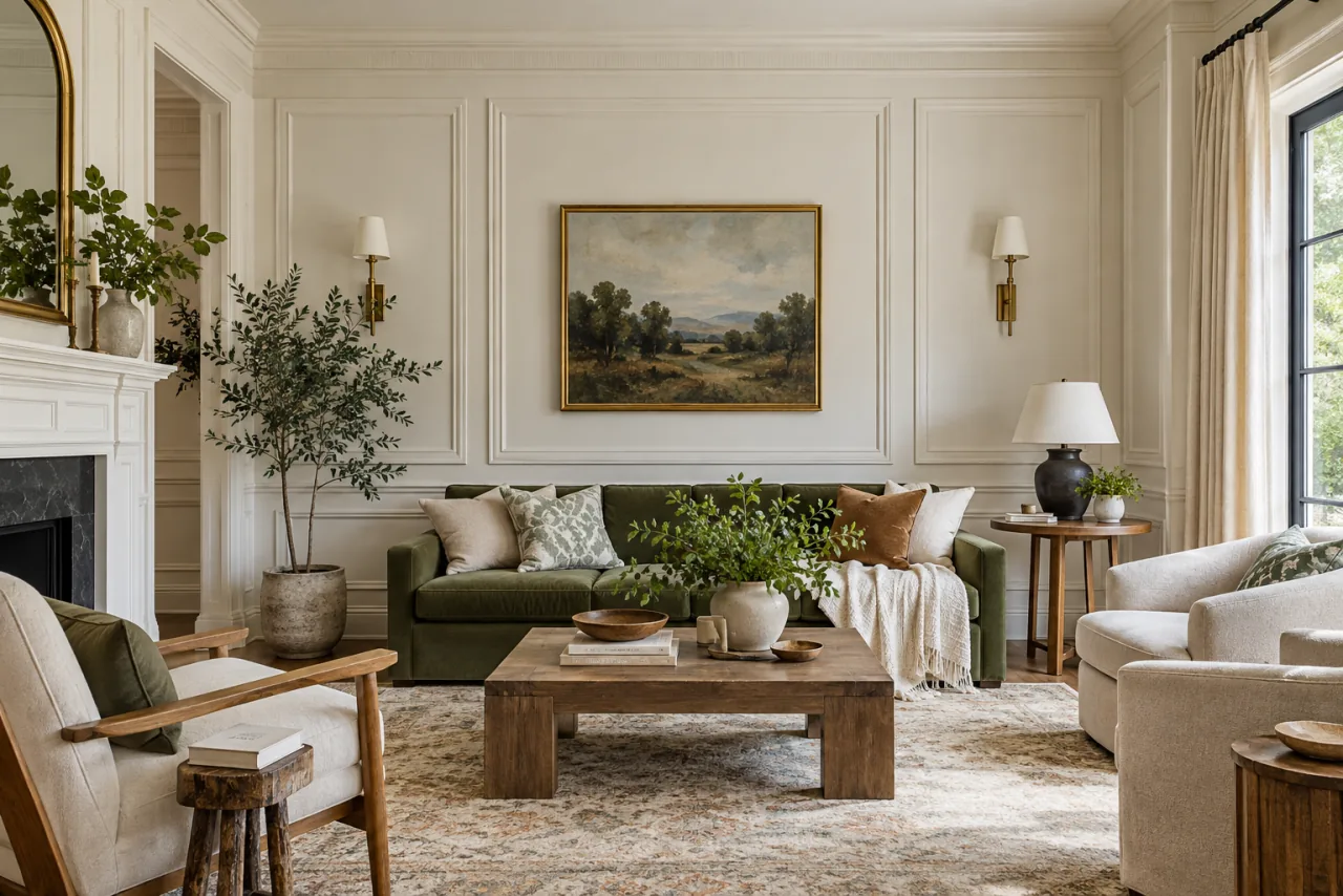 29 Living Room Wall Decor Ideas That Make a Statement 3 Living room with white decorative wall molding and subtle architectural trim, clean detailed craftsmanship