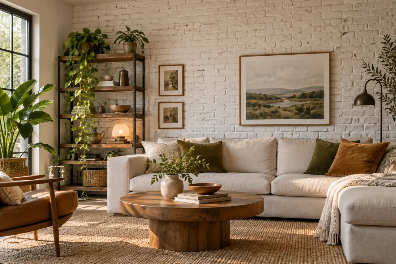 29 Living Room Wall Decor Ideas That Make a Statement 4 Living room with a realistic white-painted faux brick accent wall with dimensional brick texture