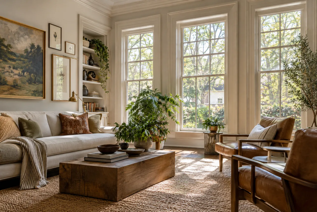 29 Living Room Wall Decor Ideas That Make a Statement 5 Living room highlighting tall windows, elegant painted window trim and abundant natural light