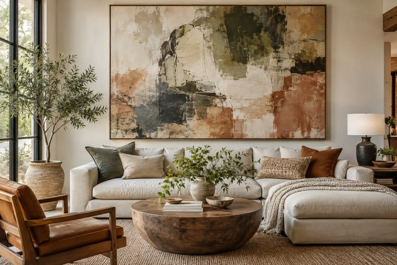 29 Living Room Wall Decor Ideas That Make a Statement 6 Single oversized abstract artwork hung over a sofa, one large framed piece at believable scale