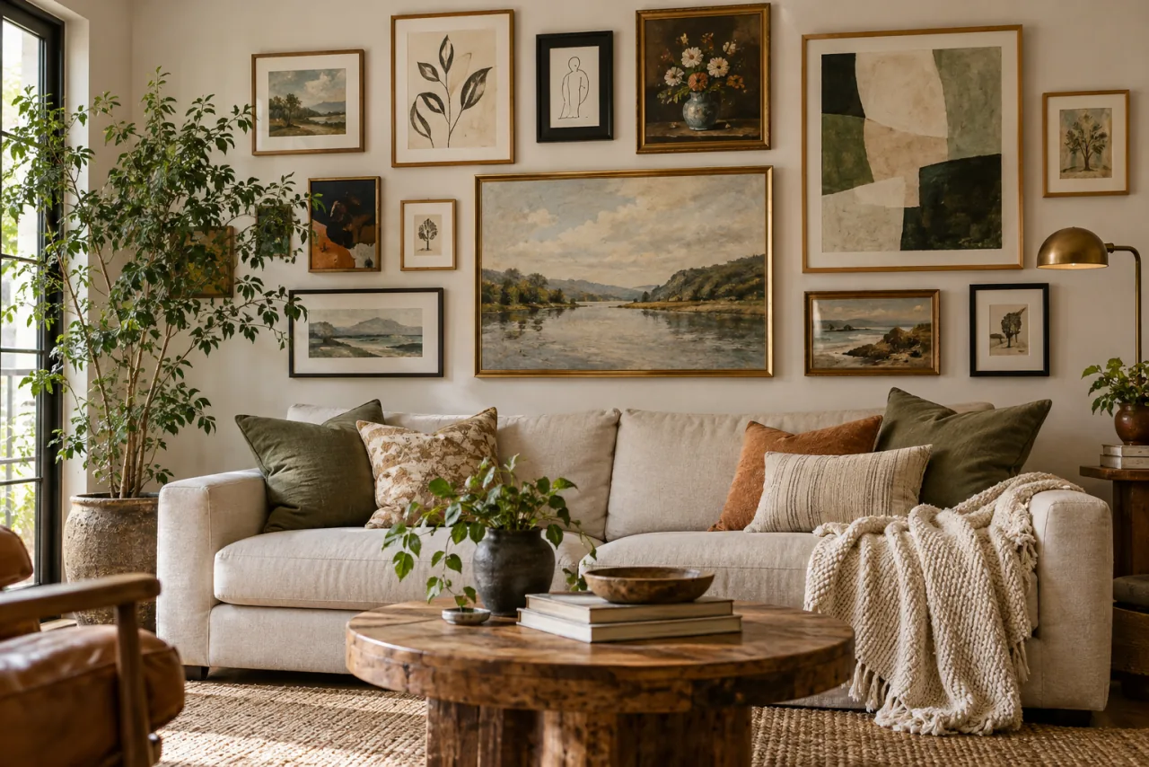 29 Living Room Wall Decor Ideas That Make a Statement 7 Carefully curated gallery wall of varied original abstract art and landscape prints above a sofa