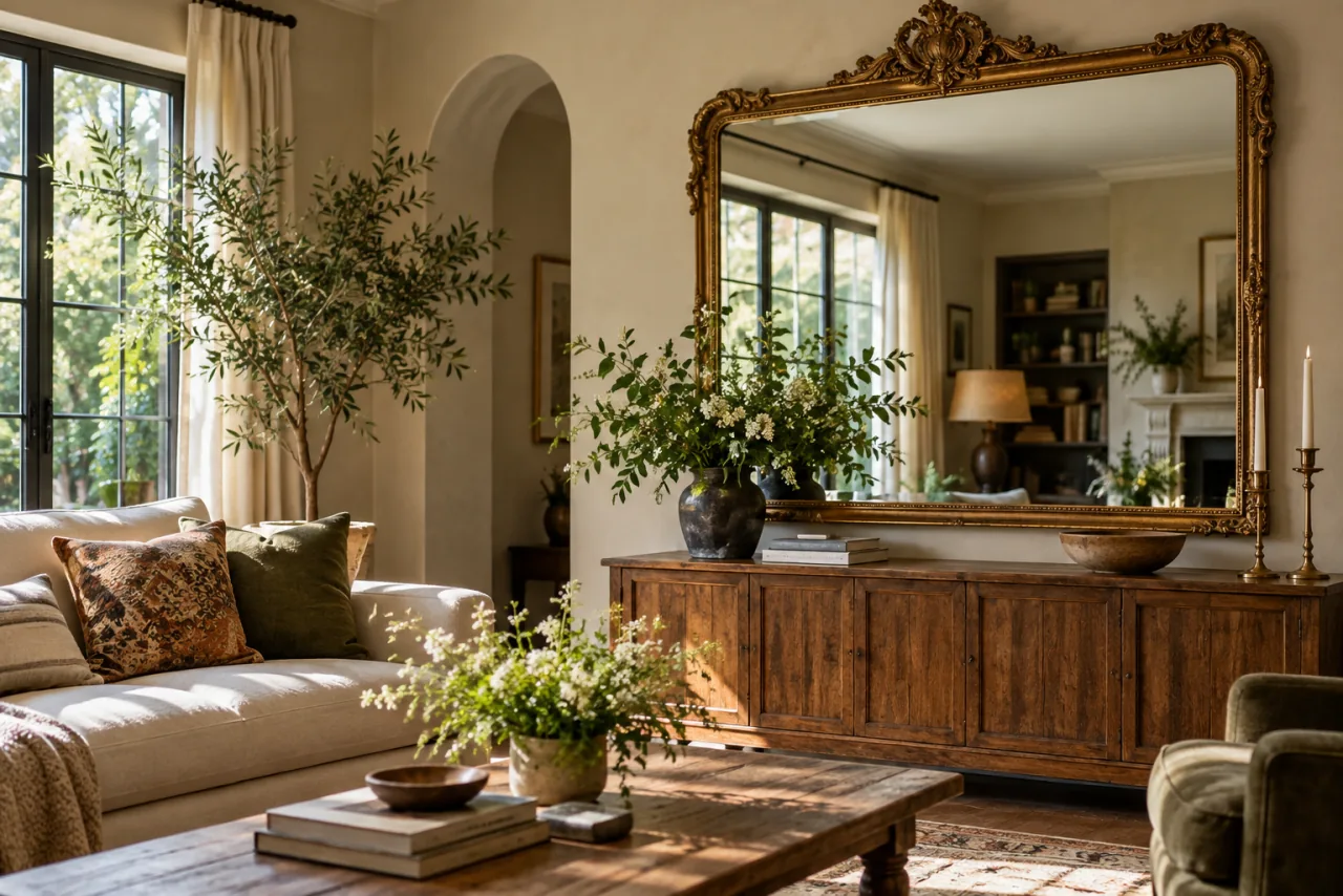 29 Living Room Wall Decor Ideas That Make a Statement 8 Large antique-framed wall mirror reflecting natural light and part of the room without impossible reflections