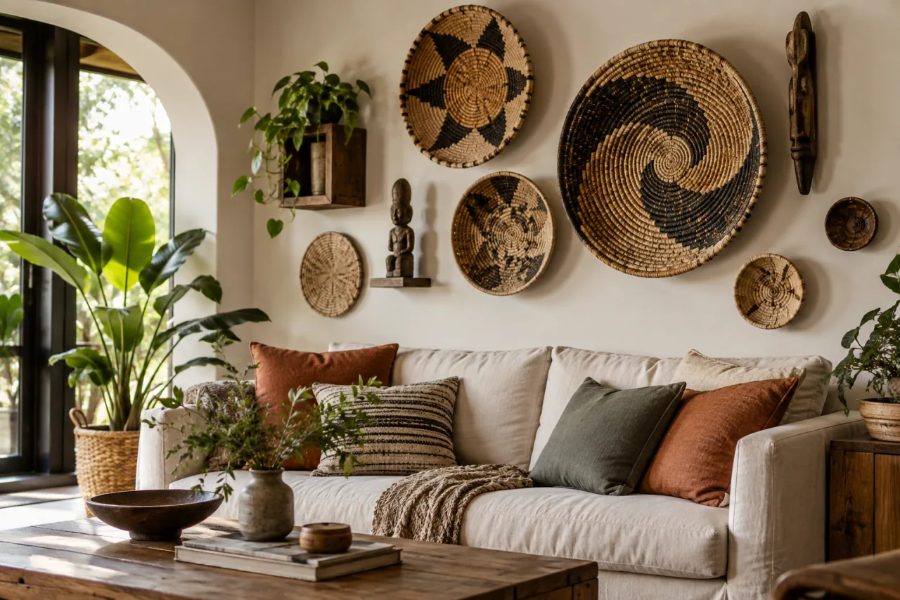 29 Living Room Wall Decor Ideas That Make a Statement 9 Living room wall decorated with three dimensional woven baskets and small sculptural objects