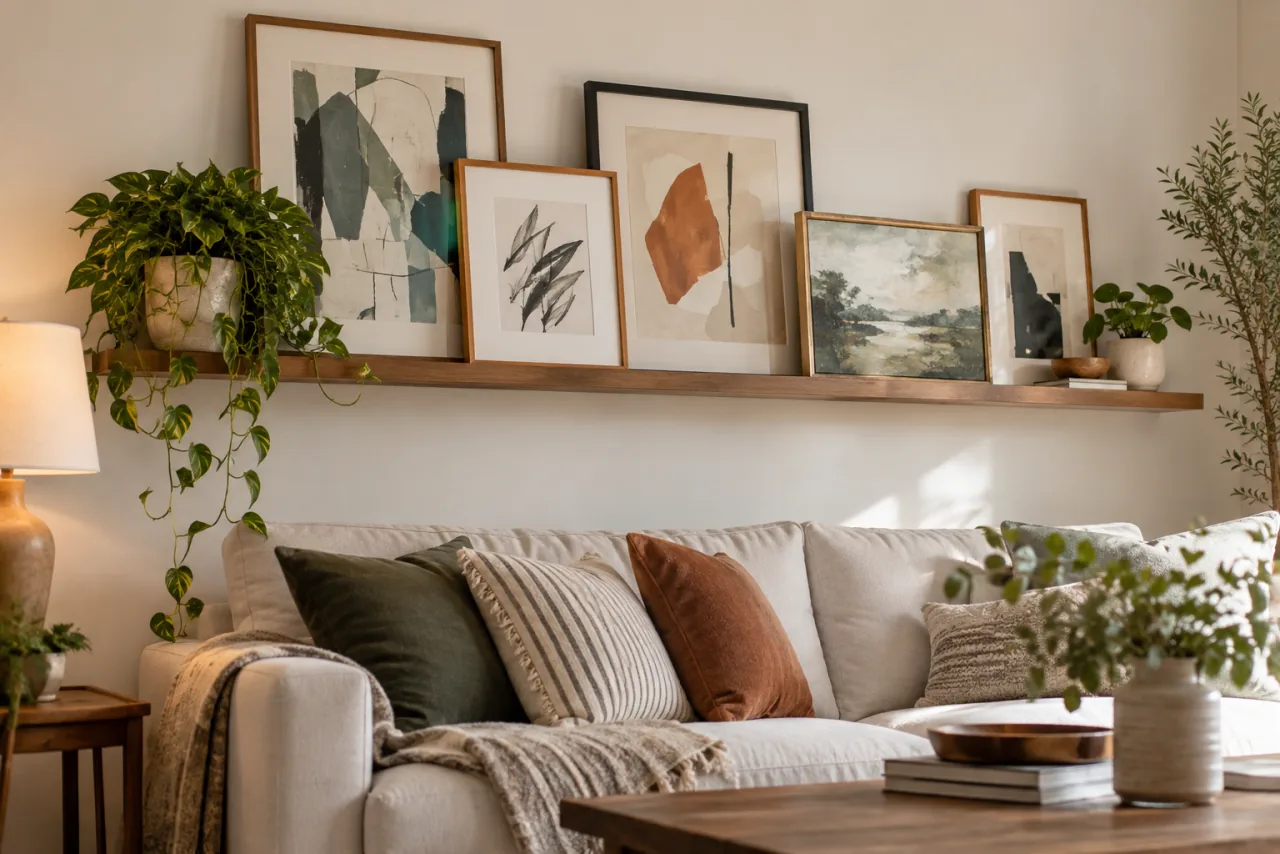29 Living Room Wall Decor Ideas That Make a Statement 10 Picture ledge on a living-room wall holding overlapping framed original abstract art, safely supported