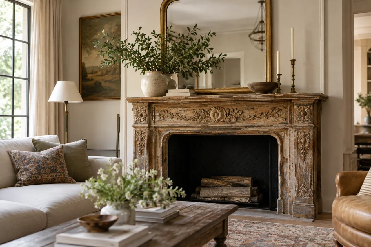 29 Living Room Wall Decor Ideas That Make a Statement 11 Antique carved fireplace mantel used decoratively in a living room, tasteful aged wood and a simple vase