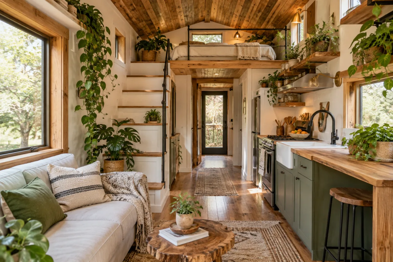 20 Tiny House Ideas to Make Small Spaces Work Harder 4 Compact tiny-home interior with reclaimed wood ceiling, sleeping loft, greenery and a natural material palette