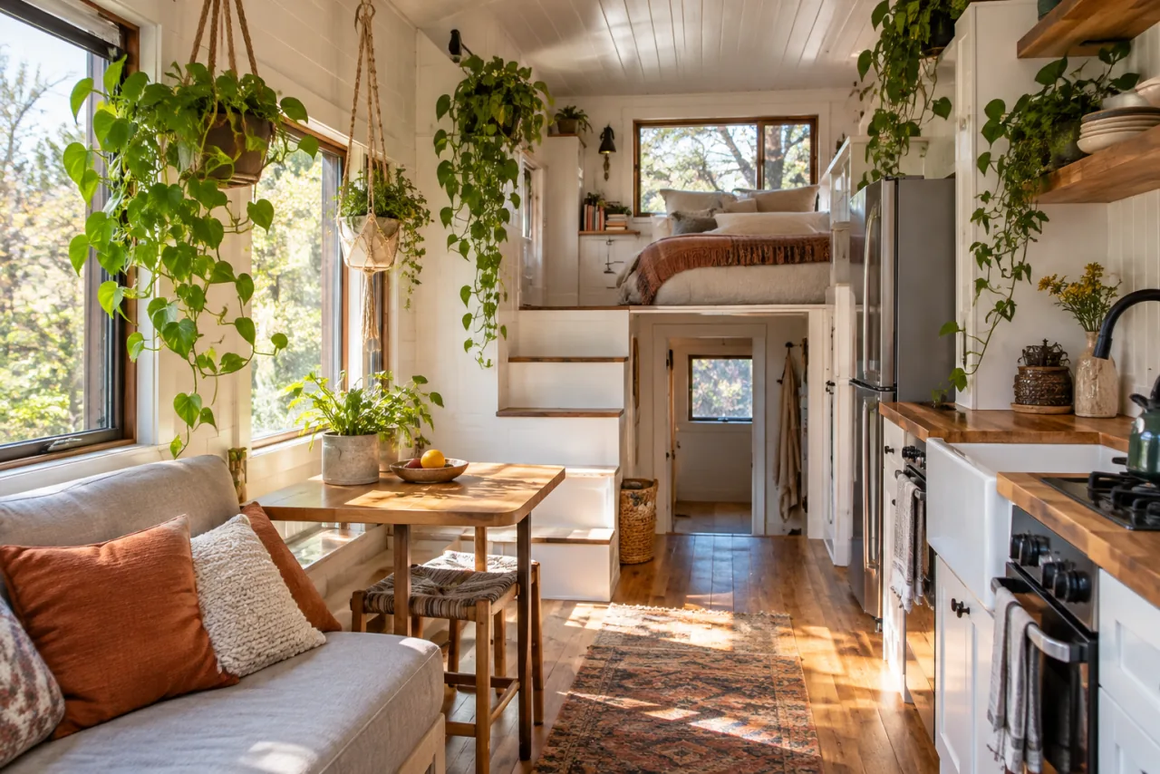 20 Tiny House Ideas to Make Small Spaces Work Harder 5 Bright compact tiny home with white walls and small healthy plants hanging safely from the ceiling