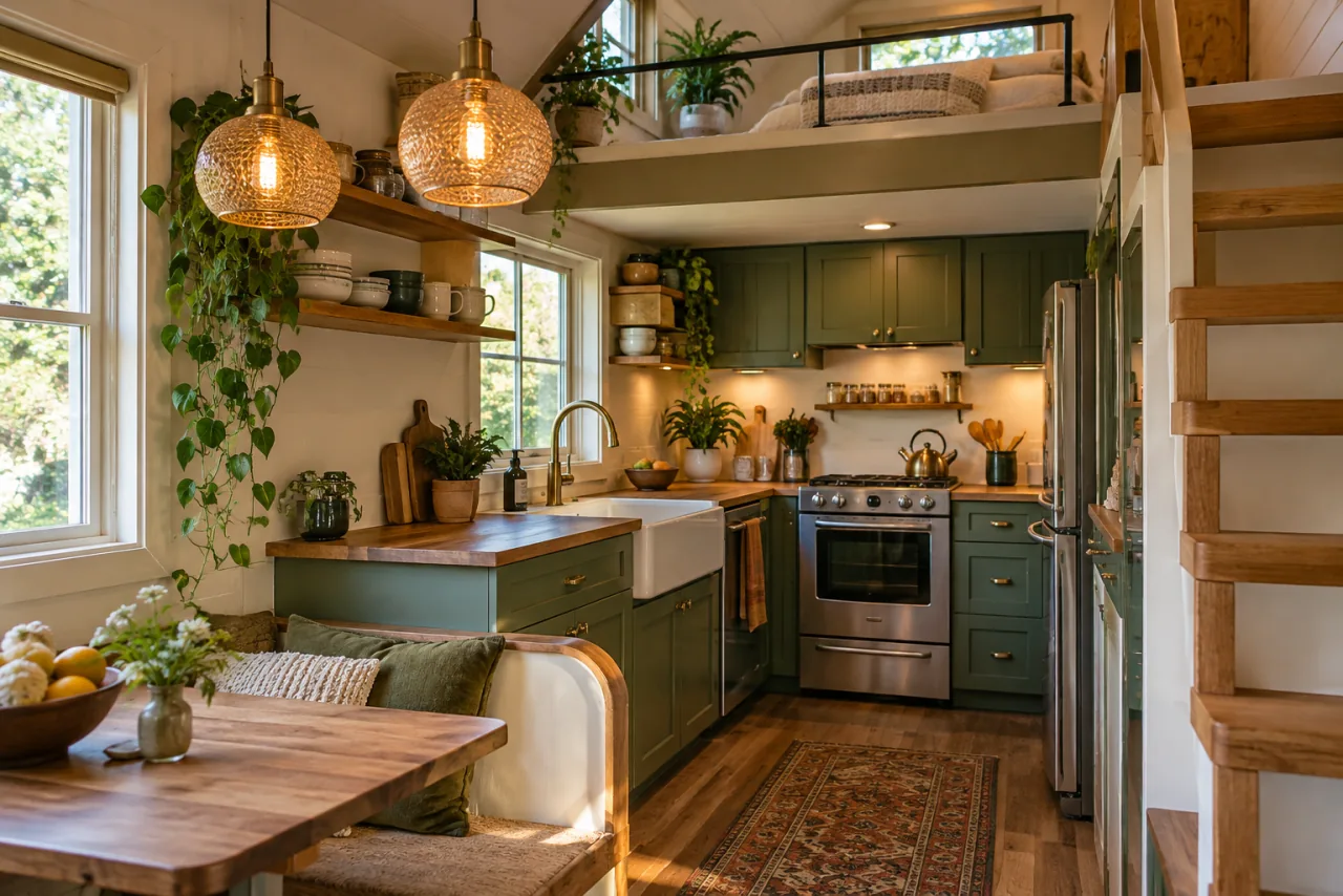 20 Tiny House Ideas to Make Small Spaces Work Harder 6 Tiny-house kitchen with green cabinets and distinctive warm pendant lighting with believable clearance