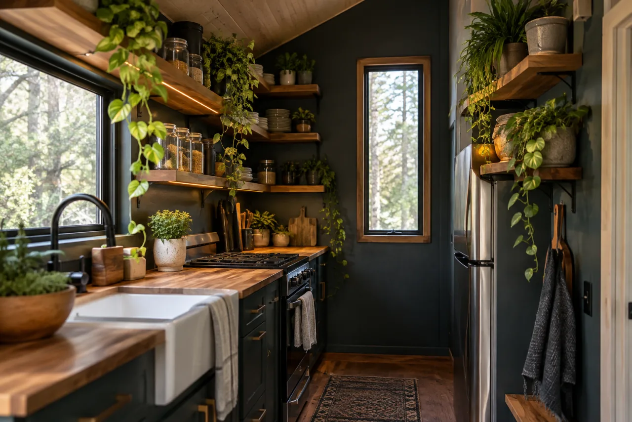 20 Tiny House Ideas to Make Small Spaces Work Harder 7 Tiny-house kitchen with dark walls, practical vertical shelves and plants above eye level, carefully arranged to preserve floor space
