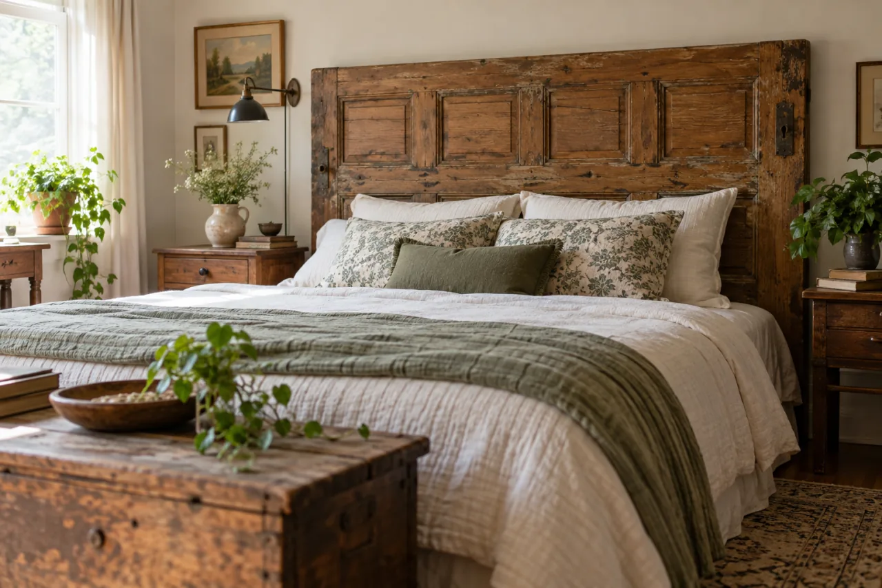 20 Ways to Add Vintage Decor to Your Interior Style 14 Bedroom with an antique reclaimed solid wooden door repurposed safely as a headboard behind a made bed