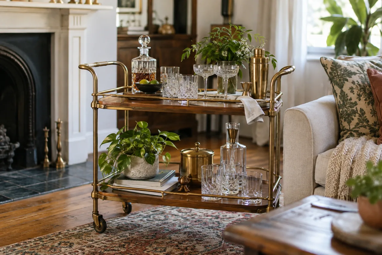 20 Ways to Add Vintage Decor to Your Interior Style 15 Vintage brass and wood bar cart styled with clear glassware and a small plant in a relaxed living room