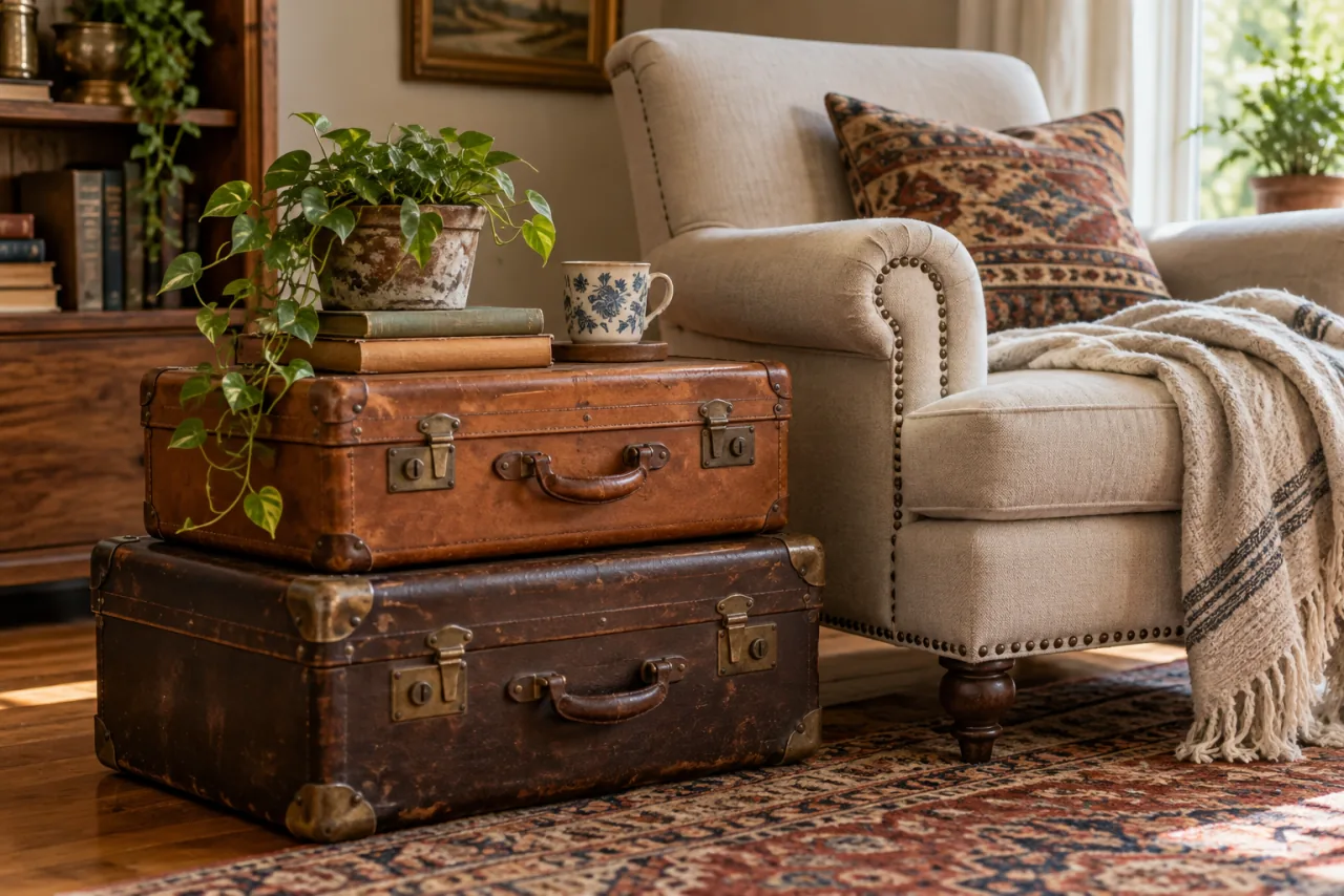 20 Ways to Add Vintage Decor to Your Interior Style 16 Two aged leather travel suitcases stacked stably beside an armchair as a vintage side table