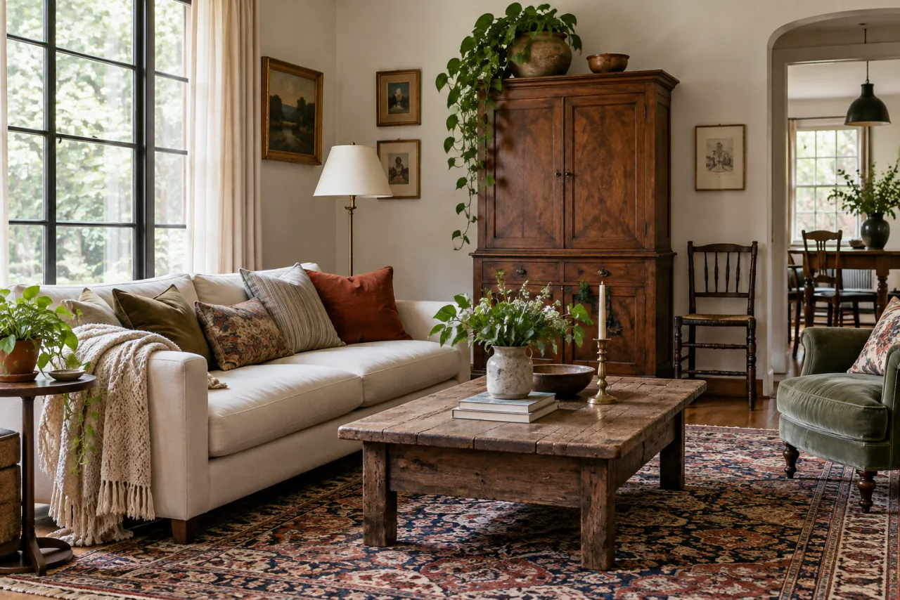 20 Ways to Add Vintage Decor to Your Interior Style 17 Eclectic living room combining an antique wooden cabinet, a modern upholstered sofa and a traditional rug in a harmonious restrained arrangement