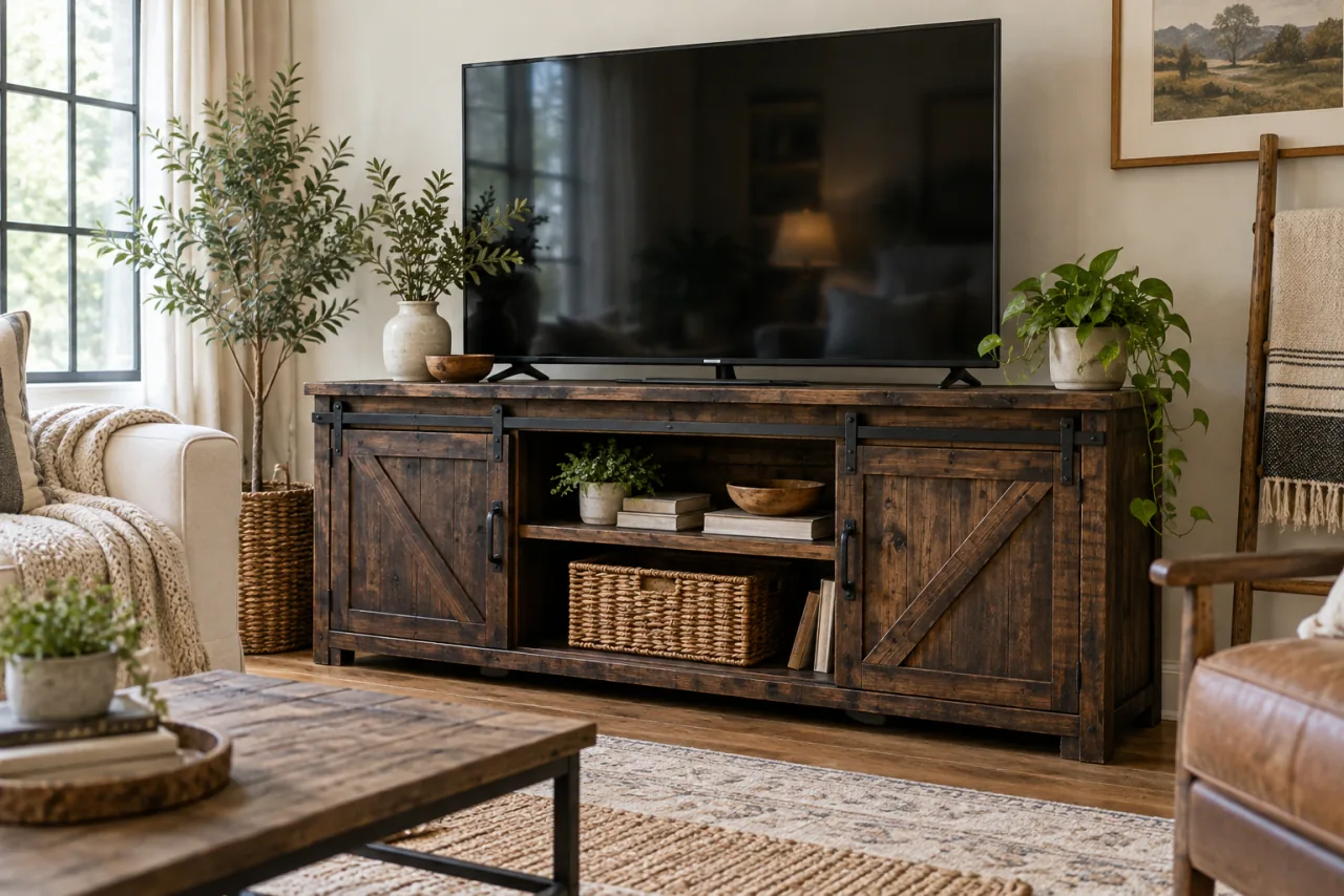 Rustic dark-stained handmade wooden TV stand with distressed finish and modest dark iron hardware in a welcoming farmhouse living room