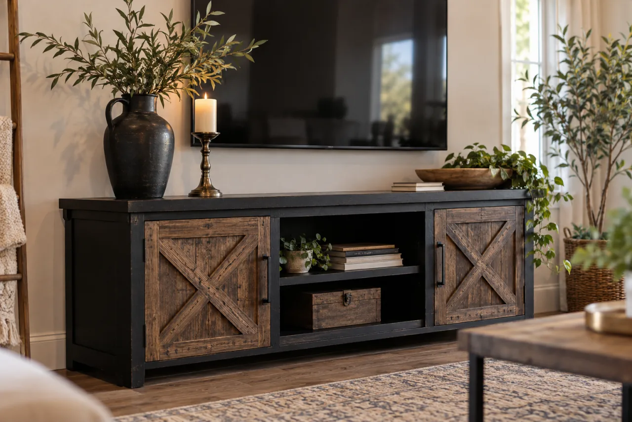 Black farmhouse TV console with rustic wooden doors, a tall black jug vase and a simple metallic pillar candle holder