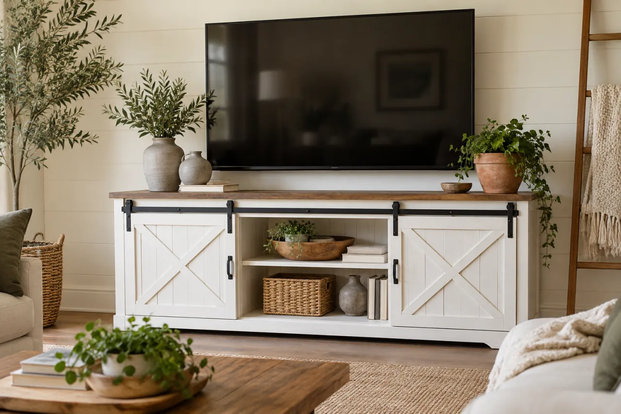 White sliding barn-door TV console with warm neutral styling, gray ceramic vases on one side and a clay pot on the other