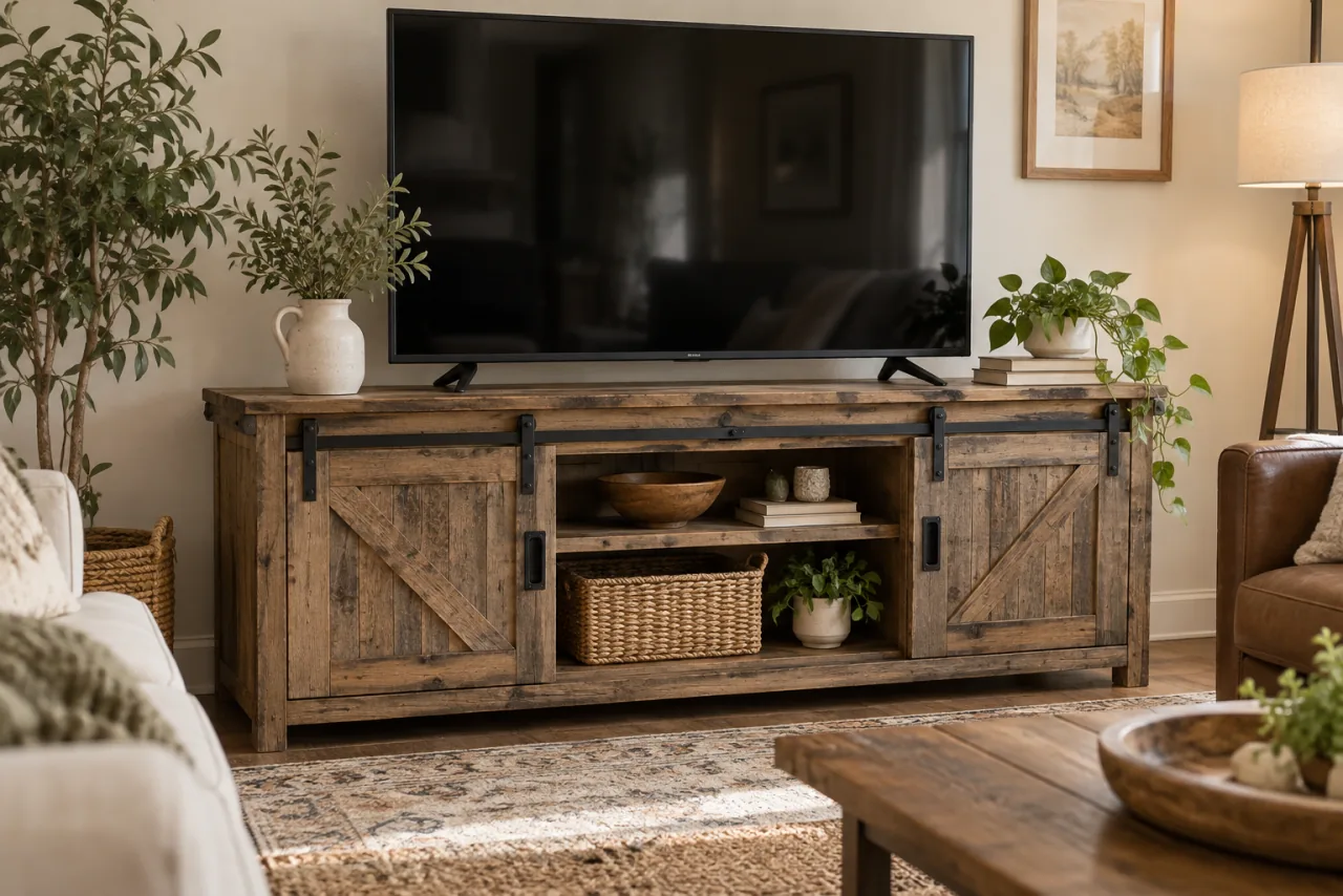 Weathered barnwood TV stand with clearly functional sliding barn doors, reclaimed wood texture and understated decor