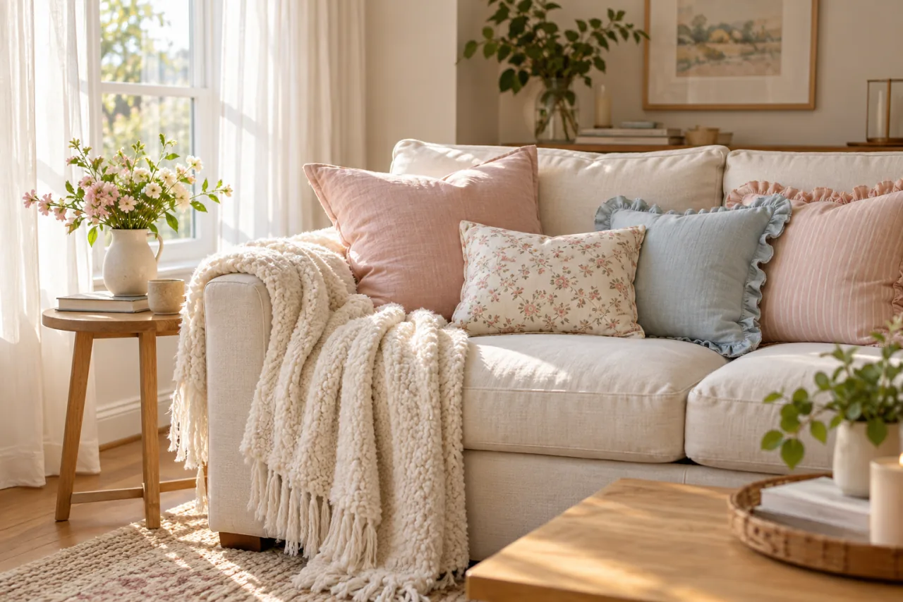 30 Girly Apartment Decor Inspirations for a Feminine Aesthetic 1 Cream sofa layered with blush and floral cushions and a soft ivory throw