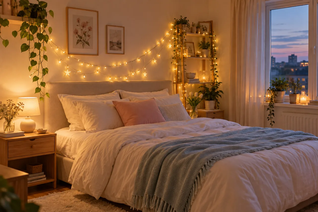 30 Girly Apartment Decor Inspirations for a Feminine Aesthetic 2 Warm fairy lights and star-shaped accents above a cozy bedroom headboard