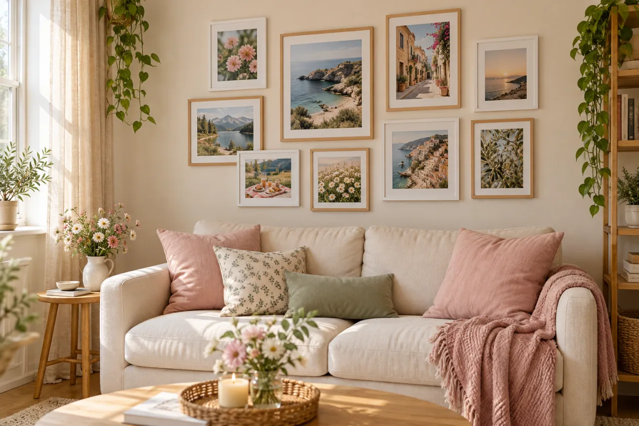 30 Girly Apartment Decor Inspirations for a Feminine Aesthetic 3 A gallery of travel and flower photographs above a cream sofa