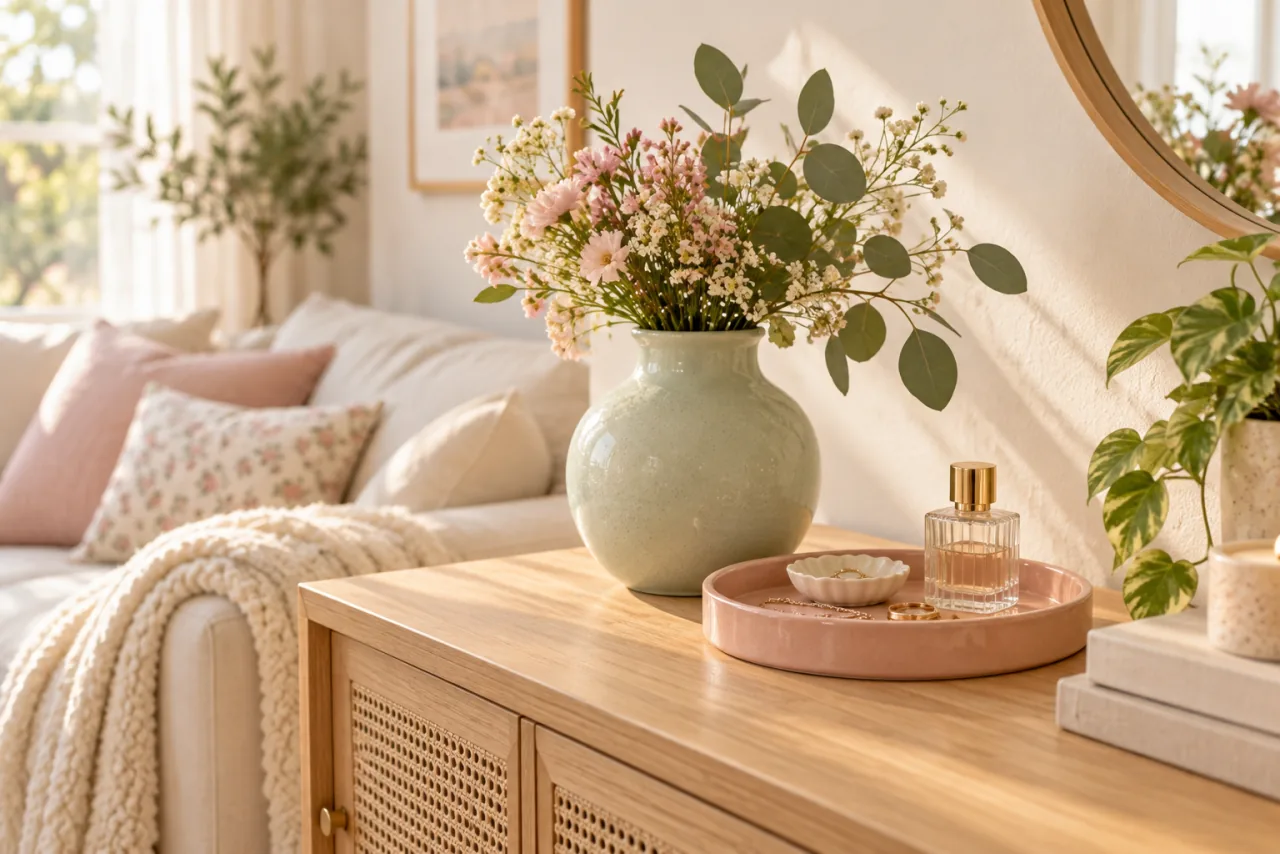 30 Girly Apartment Decor Inspirations for a Feminine Aesthetic 4 Pastel mint vase and blush trinket tray on an oak console