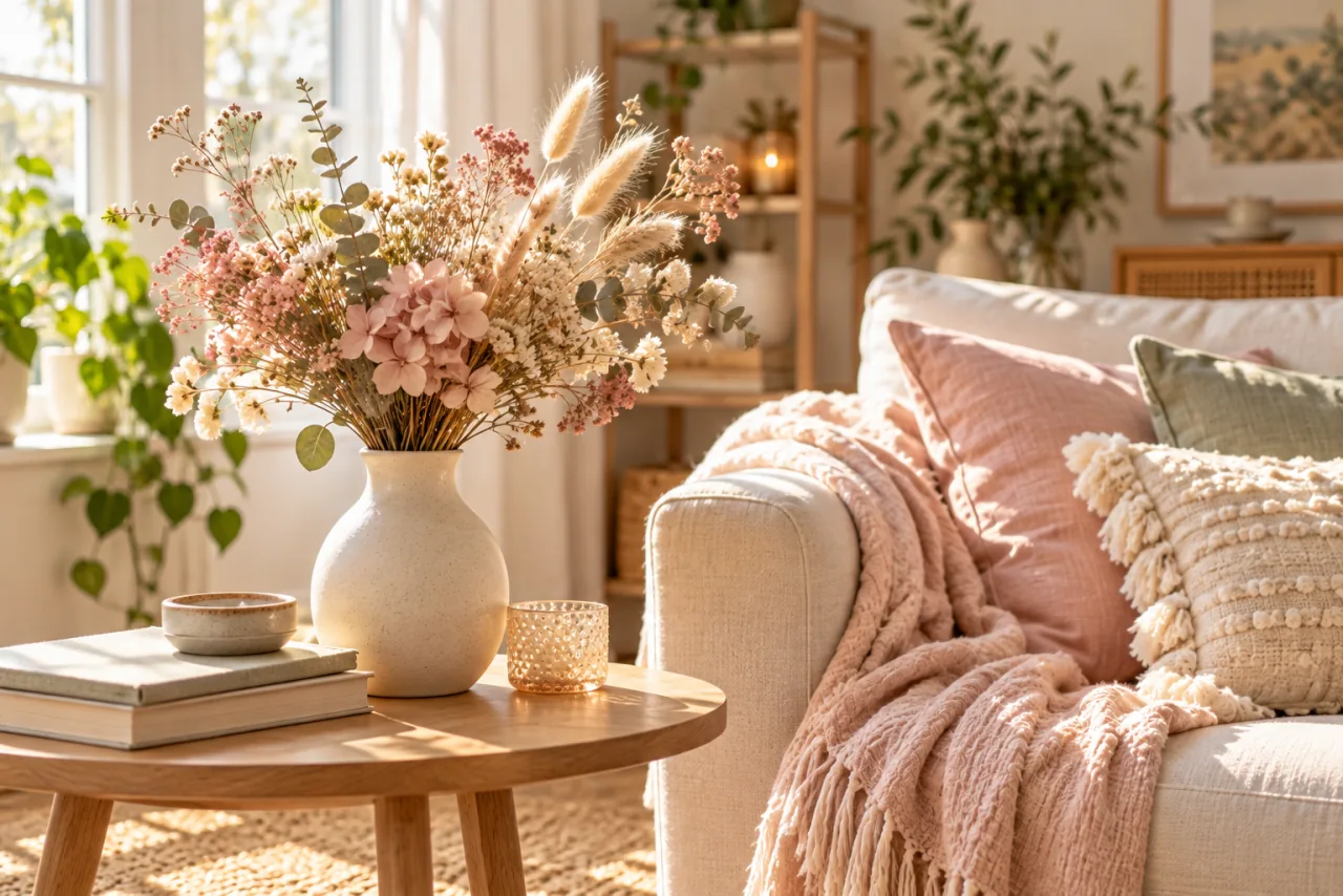 30 Girly Apartment Decor Inspirations for a Feminine Aesthetic 5 Dried pink flowers and grasses in an ivory vase beside a sofa