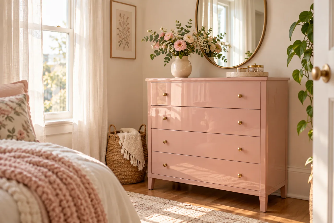 30 Girly Apartment Decor Inspirations for a Feminine Aesthetic 6 Glossy blush-pink dresser with brass knobs and an oval mirror