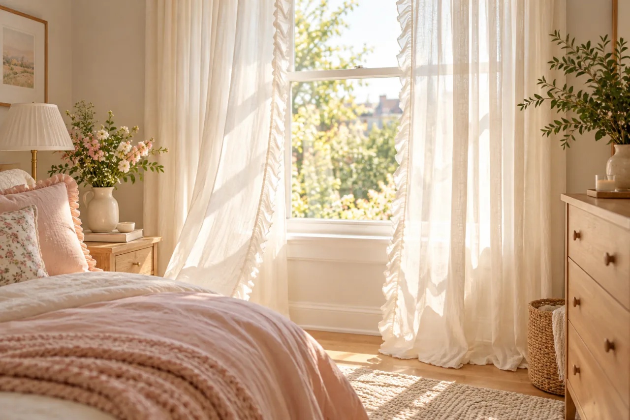 30 Girly Apartment Decor Inspirations for a Feminine Aesthetic 7 Lightweight ivory curtains with ruffled edges in a sunny bedroom