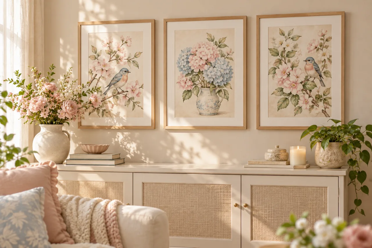 30 Girly Apartment Decor Inspirations for a Feminine Aesthetic 8 Three framed pastel botanical prints above a cream sideboard
