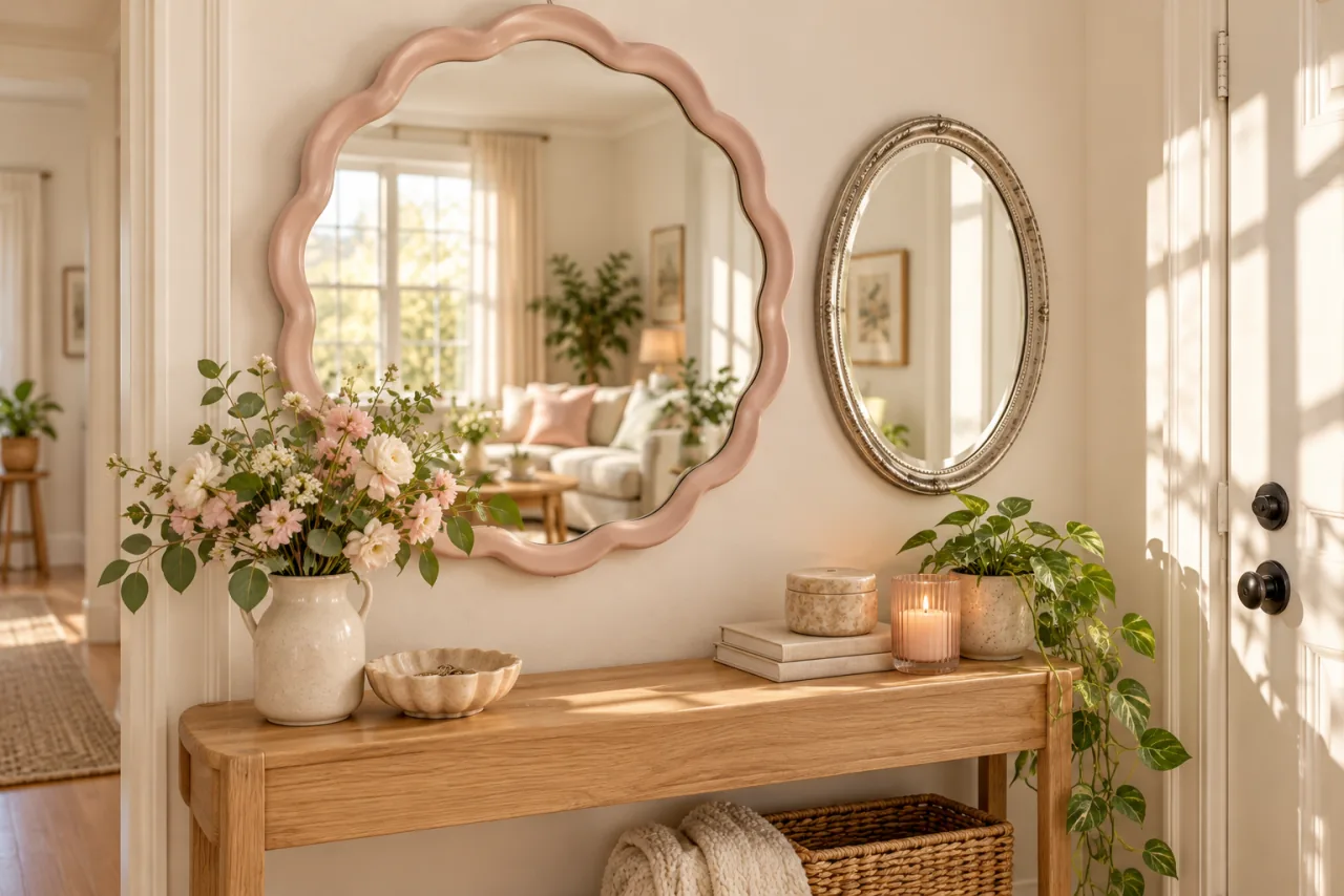 30 Girly Apartment Decor Inspirations for a Feminine Aesthetic 9 Scalloped blush and oval silver mirrors in a bright apartment entryway