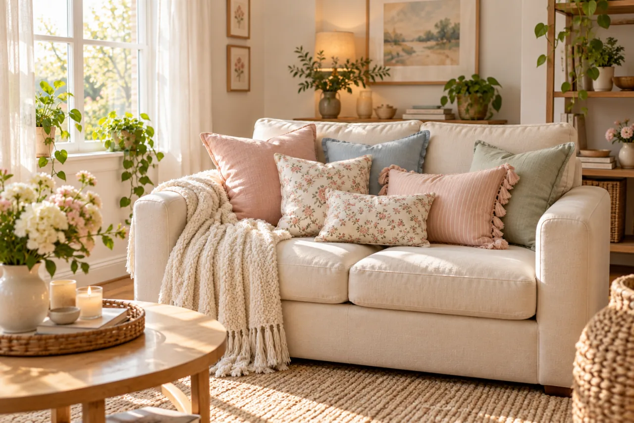 30 Girly Apartment Decor Inspirations for a Feminine Aesthetic 10 Cream loveseat with layered floral, blush, blue and sage cushions