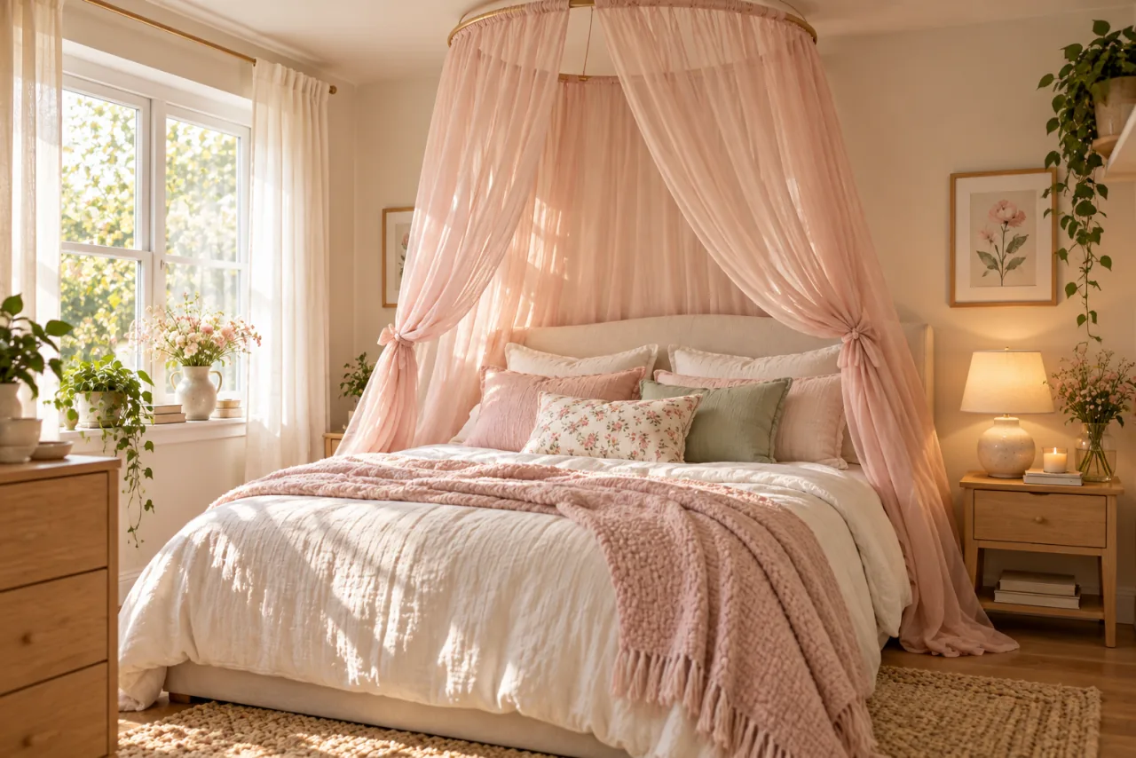30 Girly Apartment Decor Inspirations for a Feminine Aesthetic 11 A sheer blush canopy draped above an ivory bed