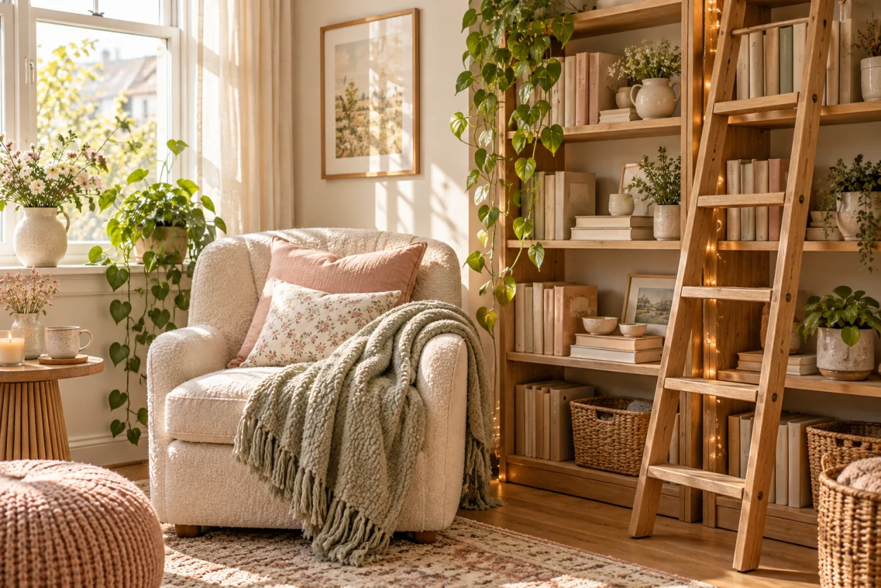 30 Girly Apartment Decor Inspirations for a Feminine Aesthetic 12 Wooden library ladder beside an oak bookshelf and cozy reading chair