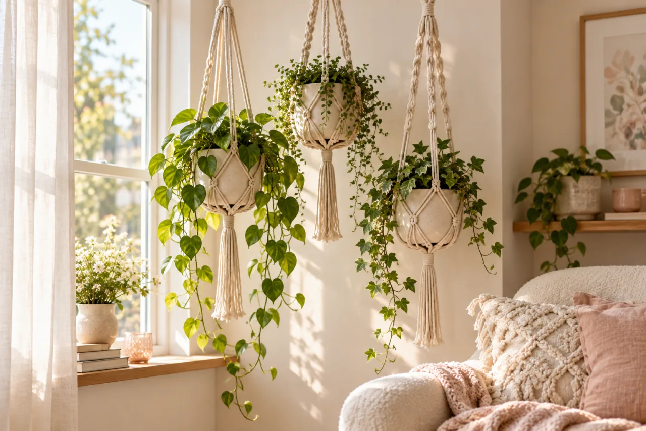 30 Girly Apartment Decor Inspirations for a Feminine Aesthetic 13 Three cotton macrame hangers with trailing plants beside a window