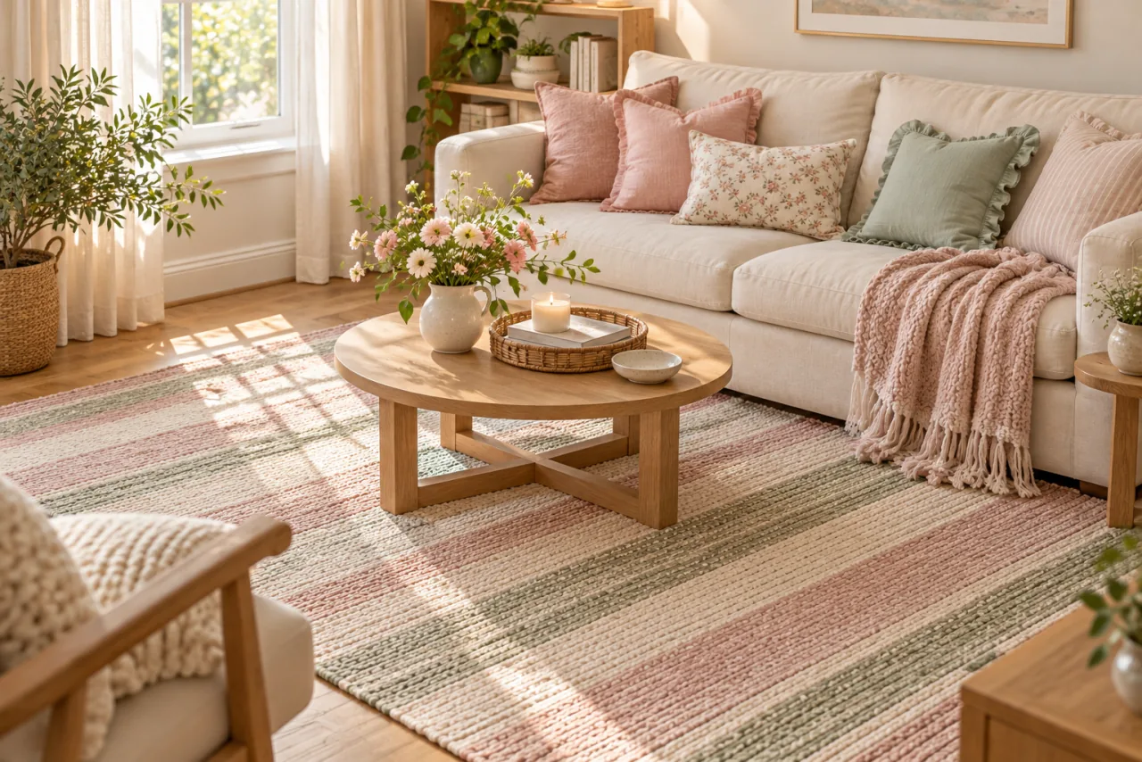 30 Girly Apartment Decor Inspirations for a Feminine Aesthetic 14 Blush, sage and ivory striped woven rug in a cozy living room