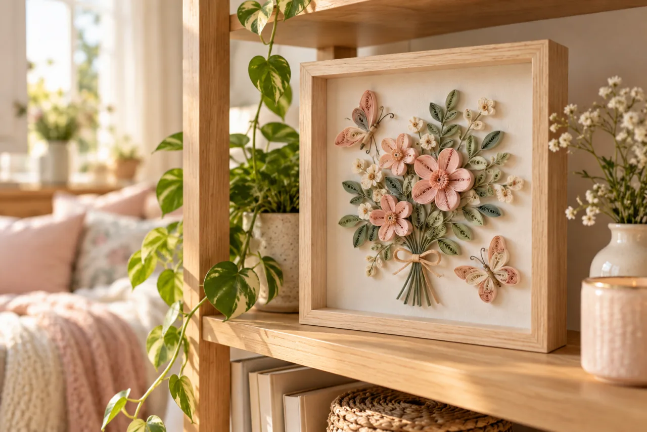 30 Girly Apartment Decor Inspirations for a Feminine Aesthetic 15 Framed floral and butterfly artwork made from curled paper strips