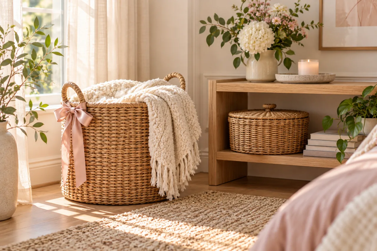 30 Girly Apartment Decor Inspirations for a Feminine Aesthetic 16 Woven storage baskets with an ivory blanket and blush ribbon