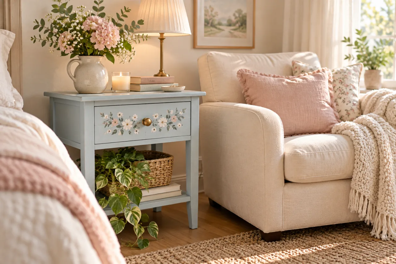 30 Girly Apartment Decor Inspirations for a Feminine Aesthetic 17 Matte sky-blue nightstand decorated with a delicate floral motif