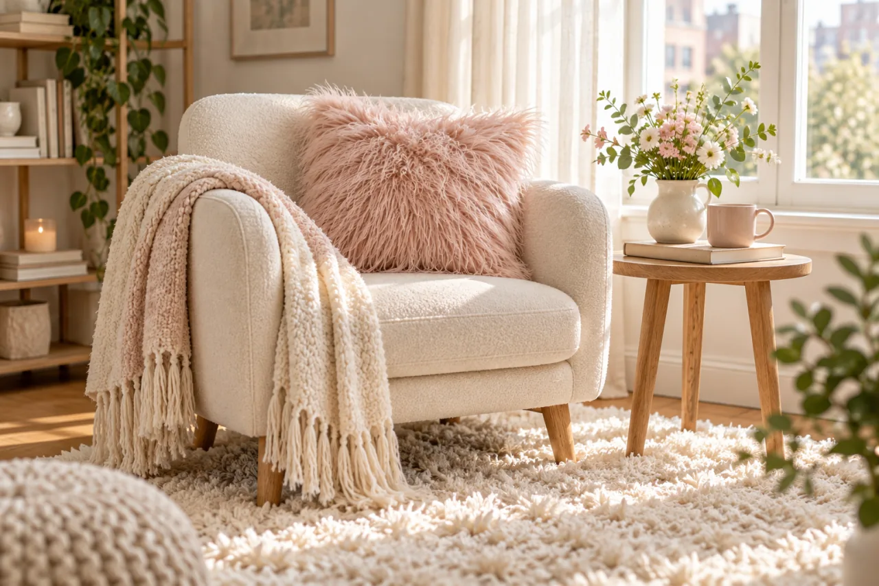 30 Girly Apartment Decor Inspirations for a Feminine Aesthetic 18 Plush blush shag cushion and ivory shag rug beside a cream chair