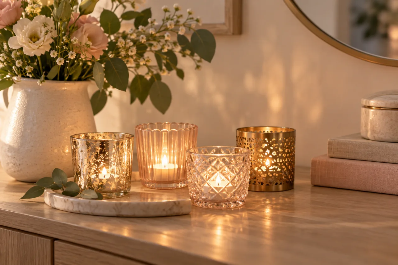 30 Girly Apartment Decor Inspirations for a Feminine Aesthetic 19 Sparkling glass and brass tea-light holders on a tabletop
