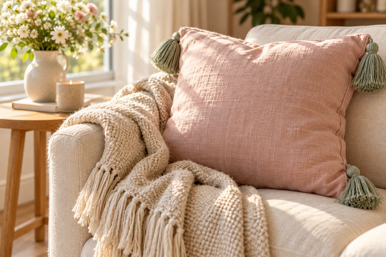 30 Girly Apartment Decor Inspirations for a Feminine Aesthetic 20 Blush cushion with sage tassels and a fringed ivory throw