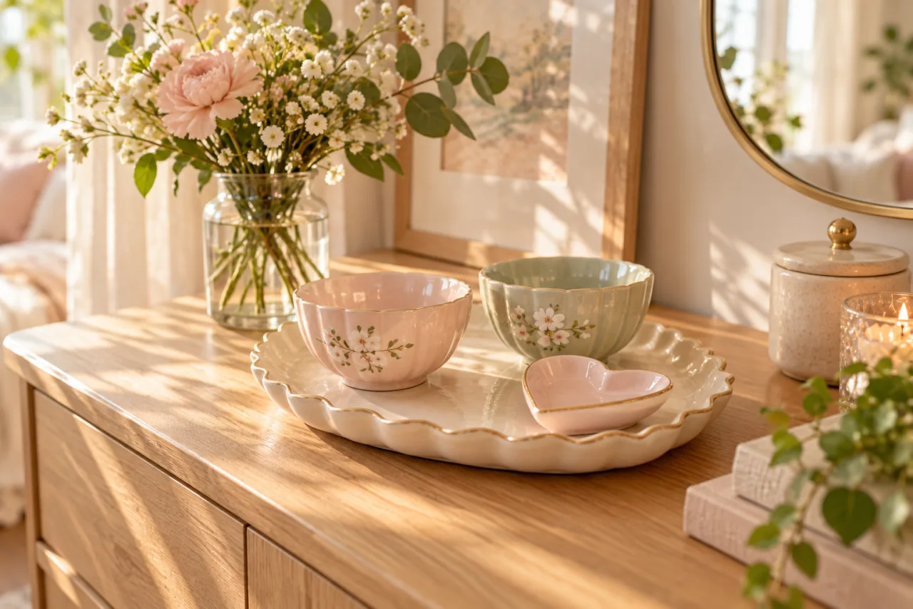 30 Girly Apartment Decor Inspirations for a Feminine Aesthetic 21 Pastel floral bowls and a heart dish on a scalloped porcelain tray