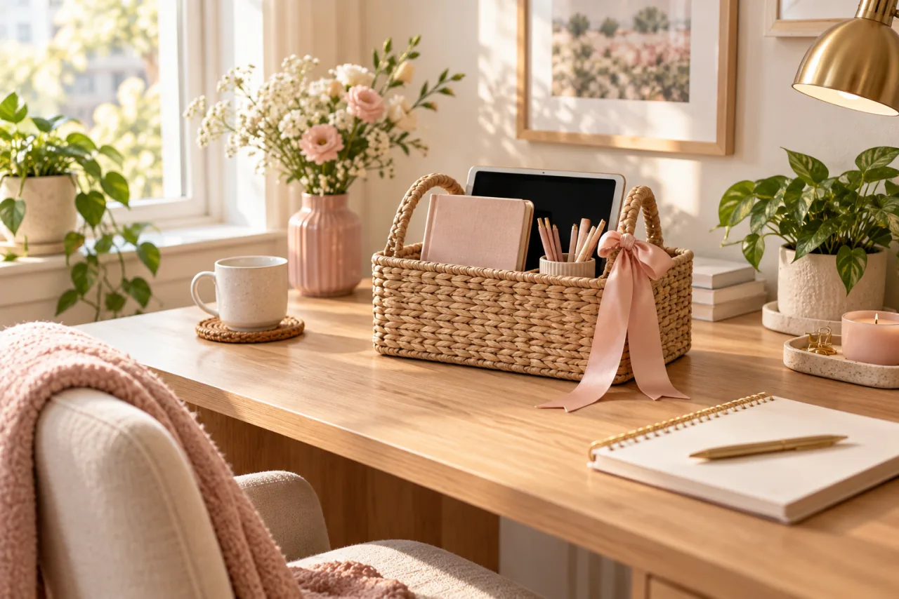 30 Girly Apartment Decor Inspirations for a Feminine Aesthetic 22 Woven desktop caddy holding a notebook, pencils and a tablet