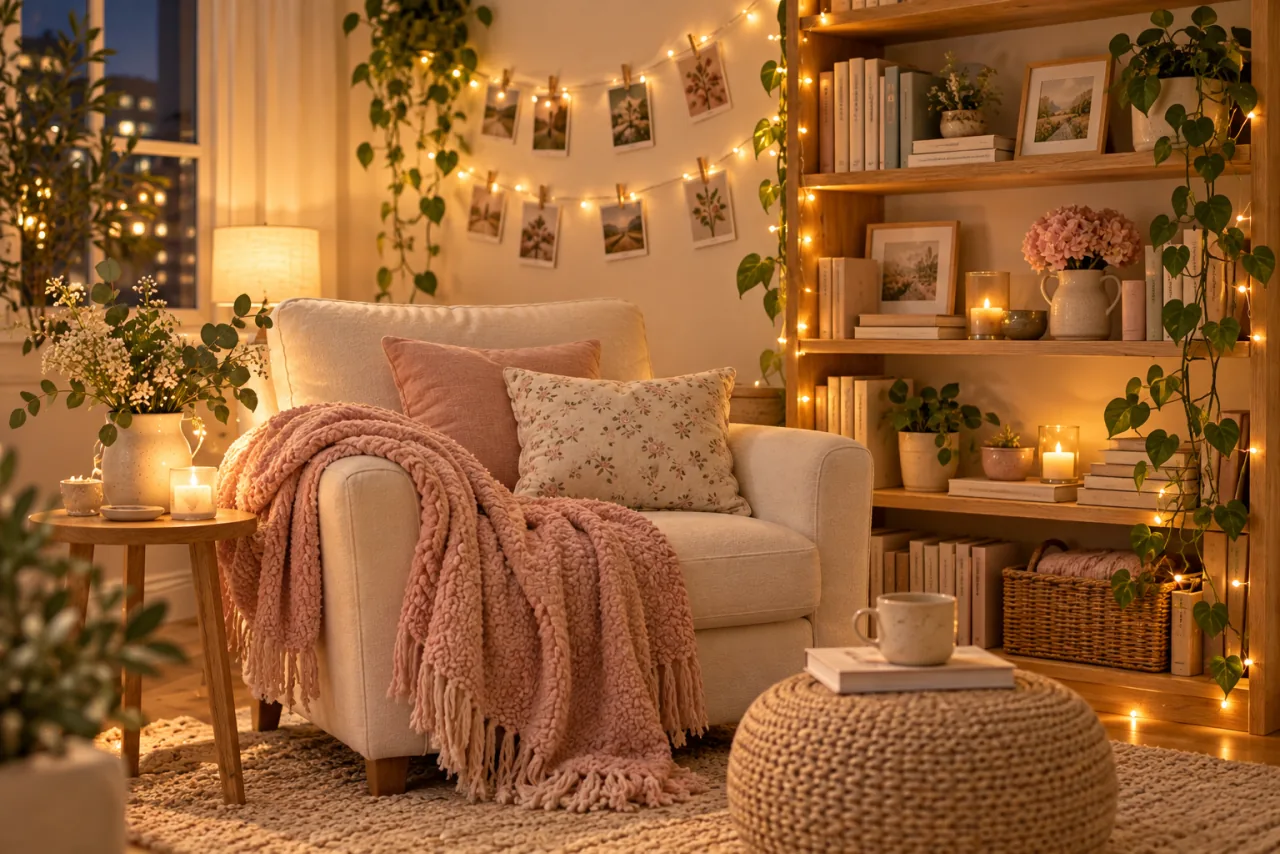 30 Girly Apartment Decor Inspirations for a Feminine Aesthetic 23 Warm string lights outlining a bookshelf and photo display in a reading nook