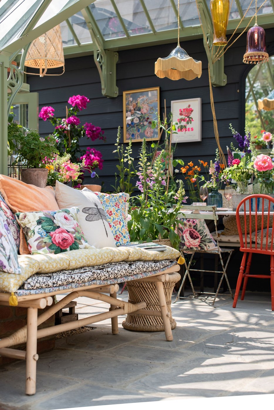Greenhouse styled as a colorful outdoor room